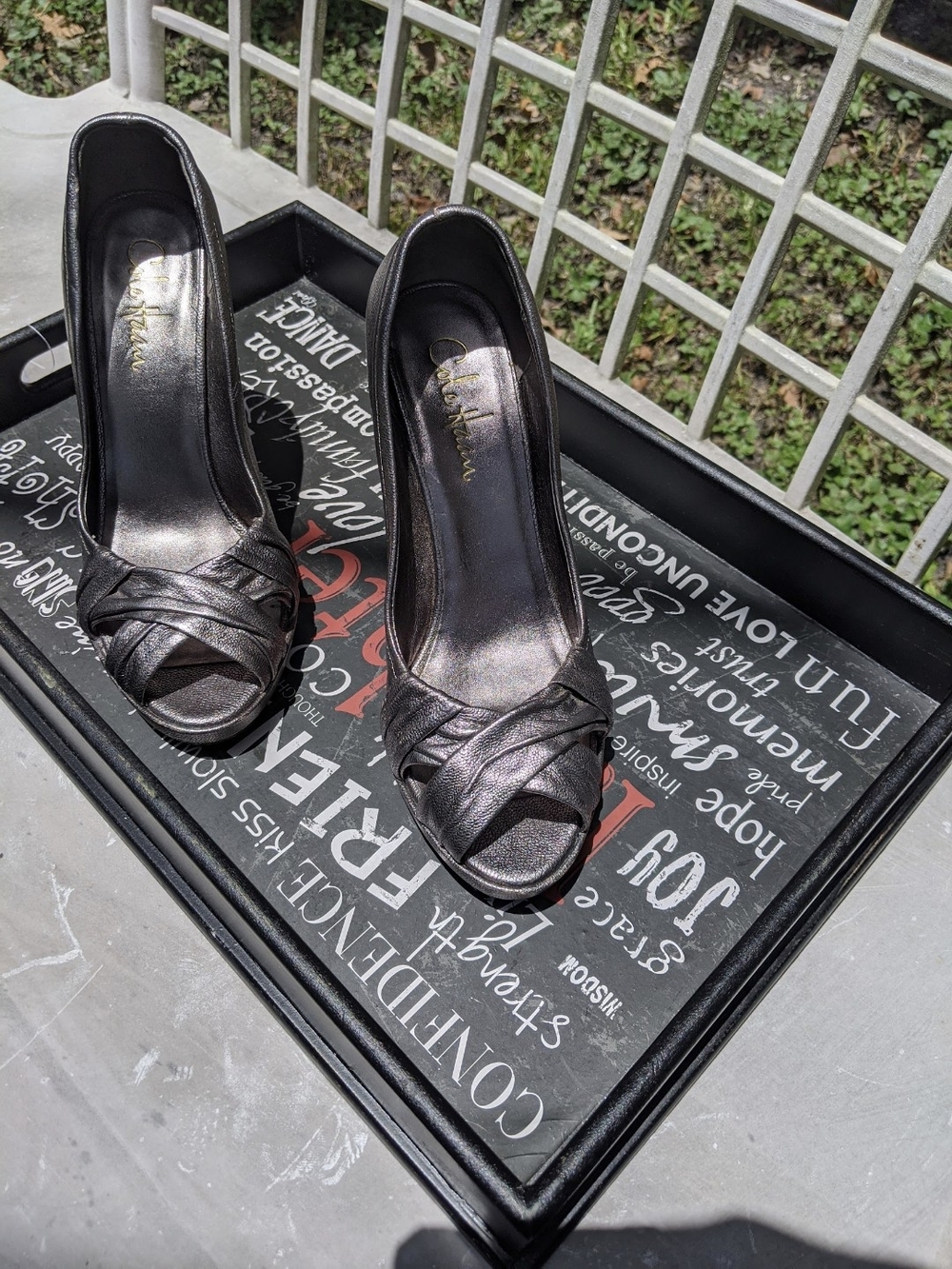 Cole Haan Metallic Pewter Peep-Toe Heels